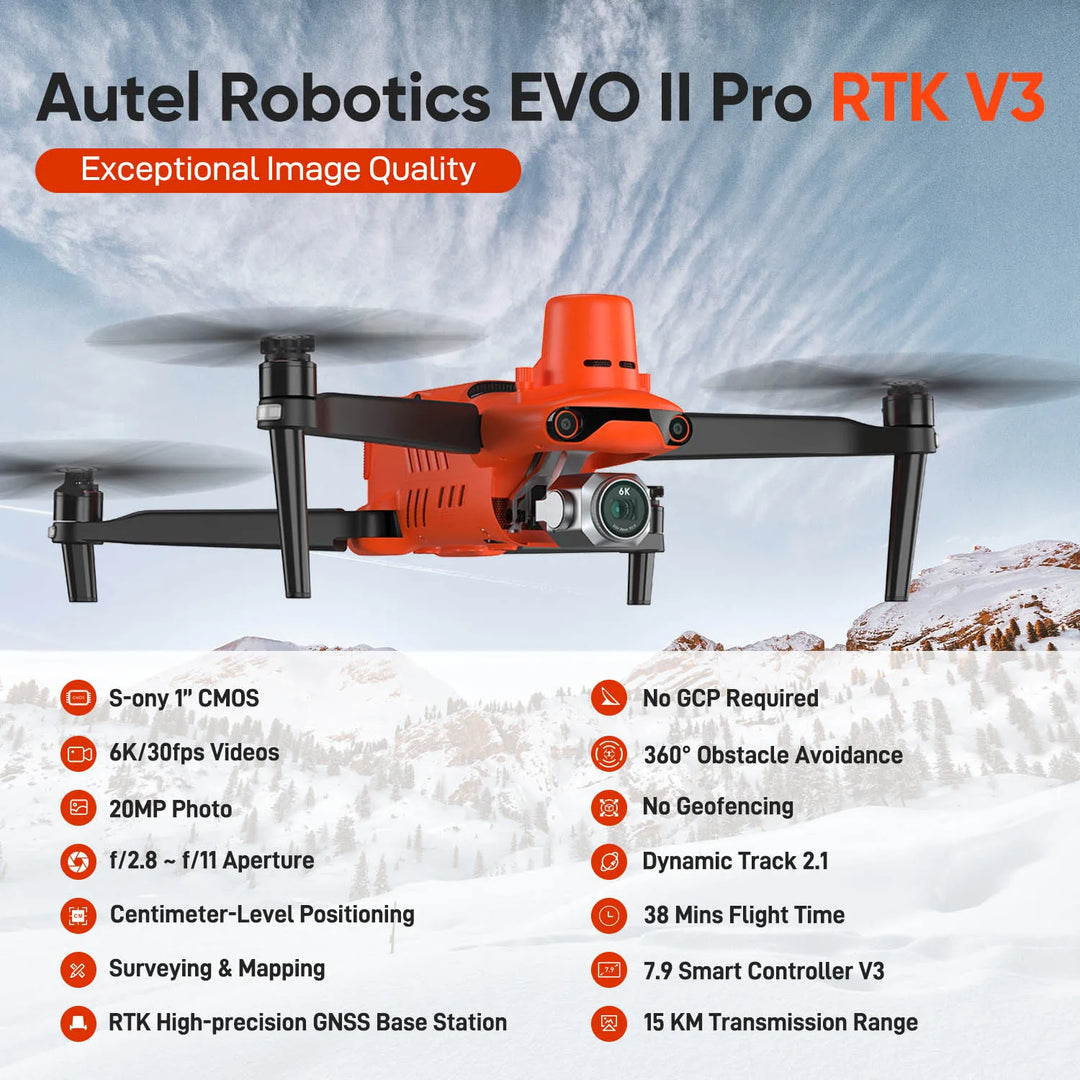 Autel EVO II Pro RTK V3 flying in a snowy landscape with camera feature labels