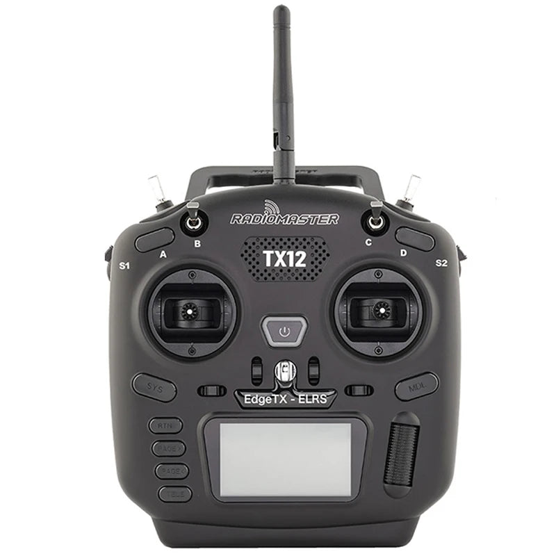 Black RadioMaster TX12 MKII transmitter, front view with antenna raised