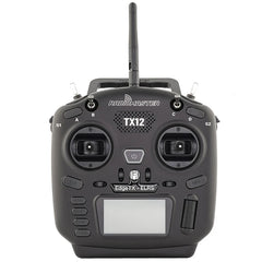 Black RadioMaster TX12 MKII transmitter, front view with antenna raised