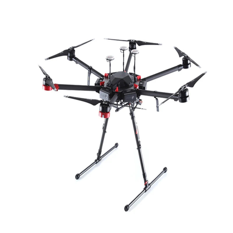 DJI Matrice 600 Pro hexacopter, three-quarter view on tall landing gear