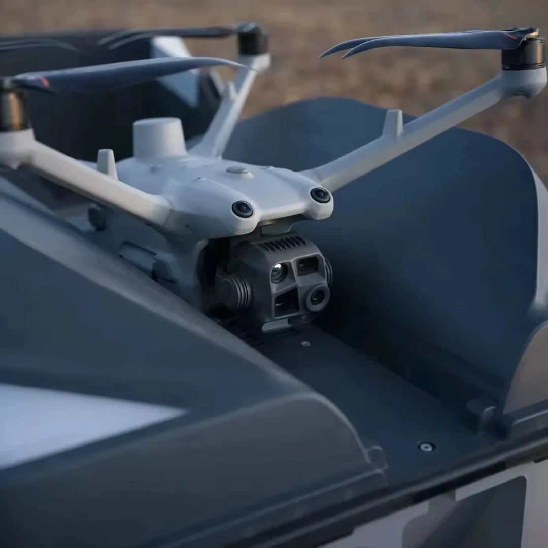 Close-up of DJI Matrice 4D-series front camera assembly on a vehicle