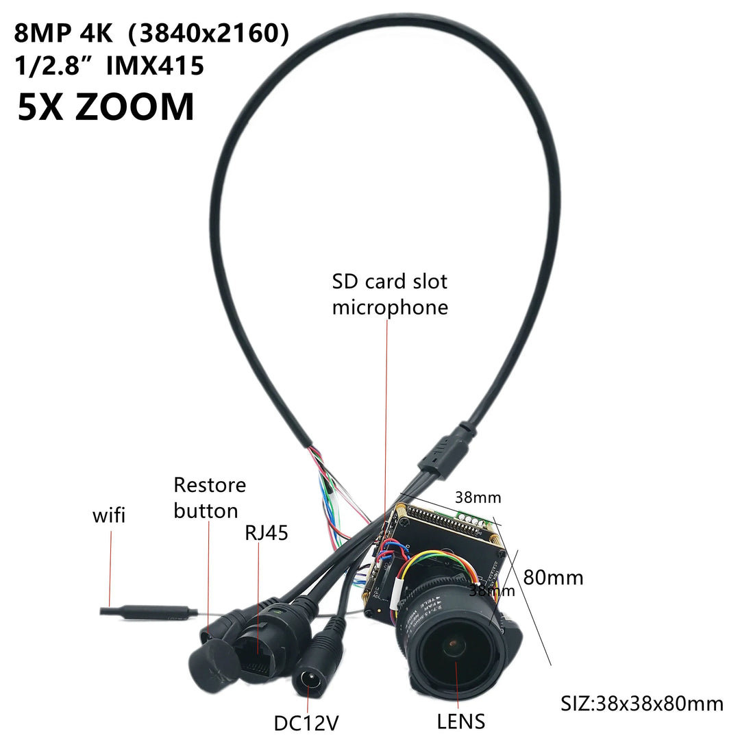 HQCAM 5X 4K 8MP IP Camera — Sony IMX415 Starlight, 5X Motorized Optical Zoom, Auto Focus, WiFi, ONVIF, CamHi App, SD Card Slot