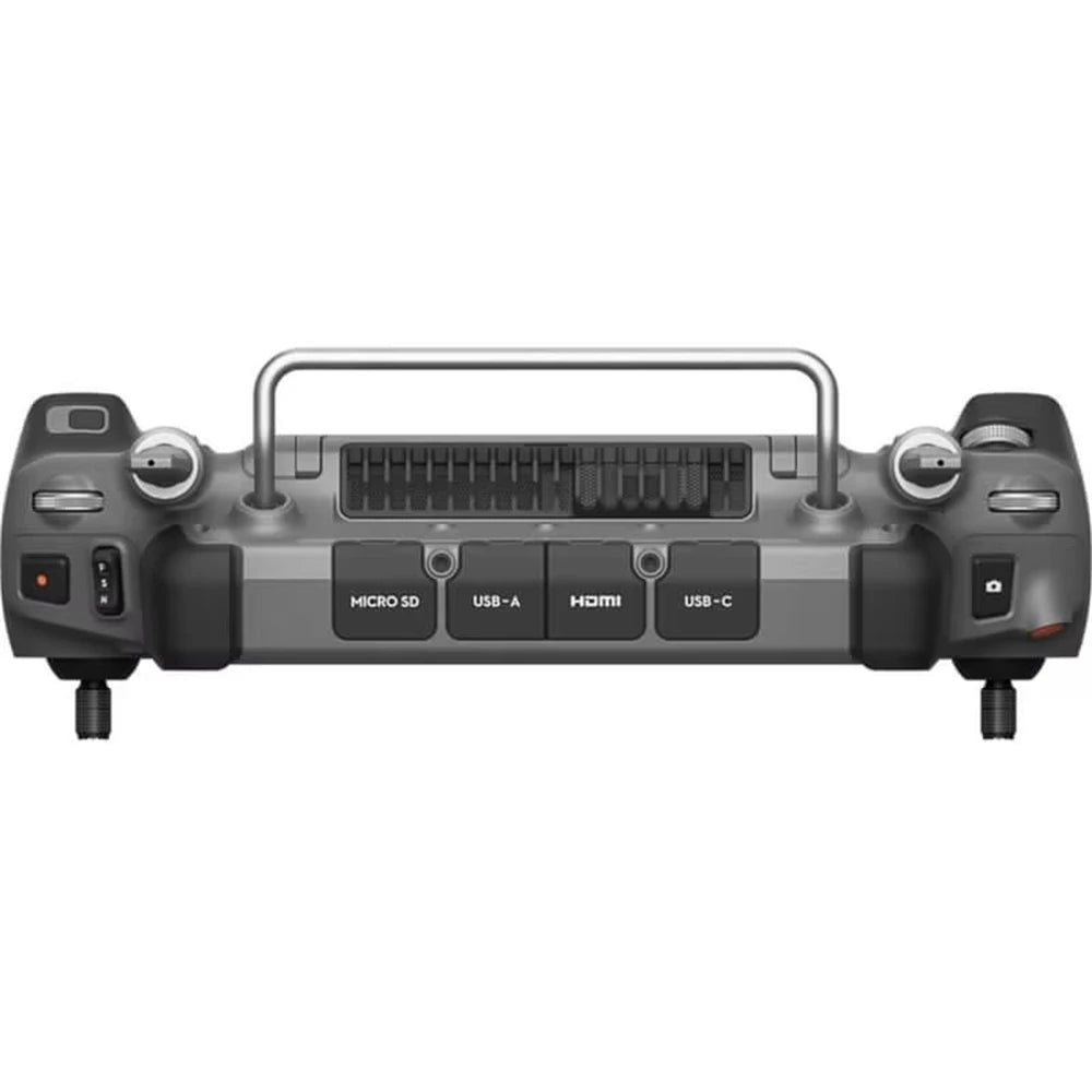 DJI RC Plus controller, edge view showing carrying handle and labeled connection ports