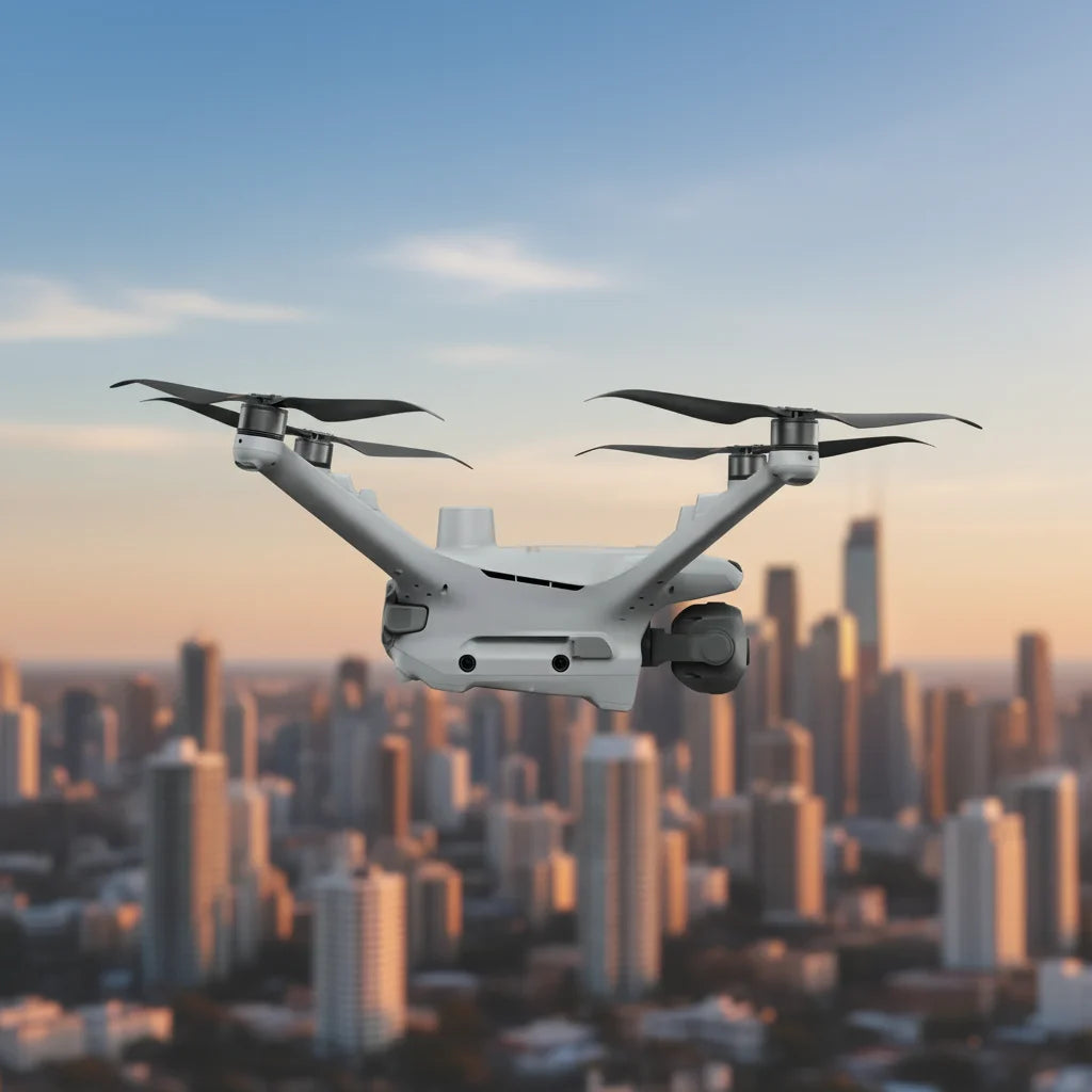DJI Matrice 4D-series drone flying above a city skyline at sunset