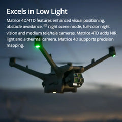 DJI Matrice 4TD low-light feature graphic showing an aircraft with green navigation light