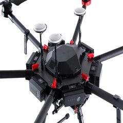 Close-up of DJI Matrice 600 Pro central frame, antenna modules and red arm locks