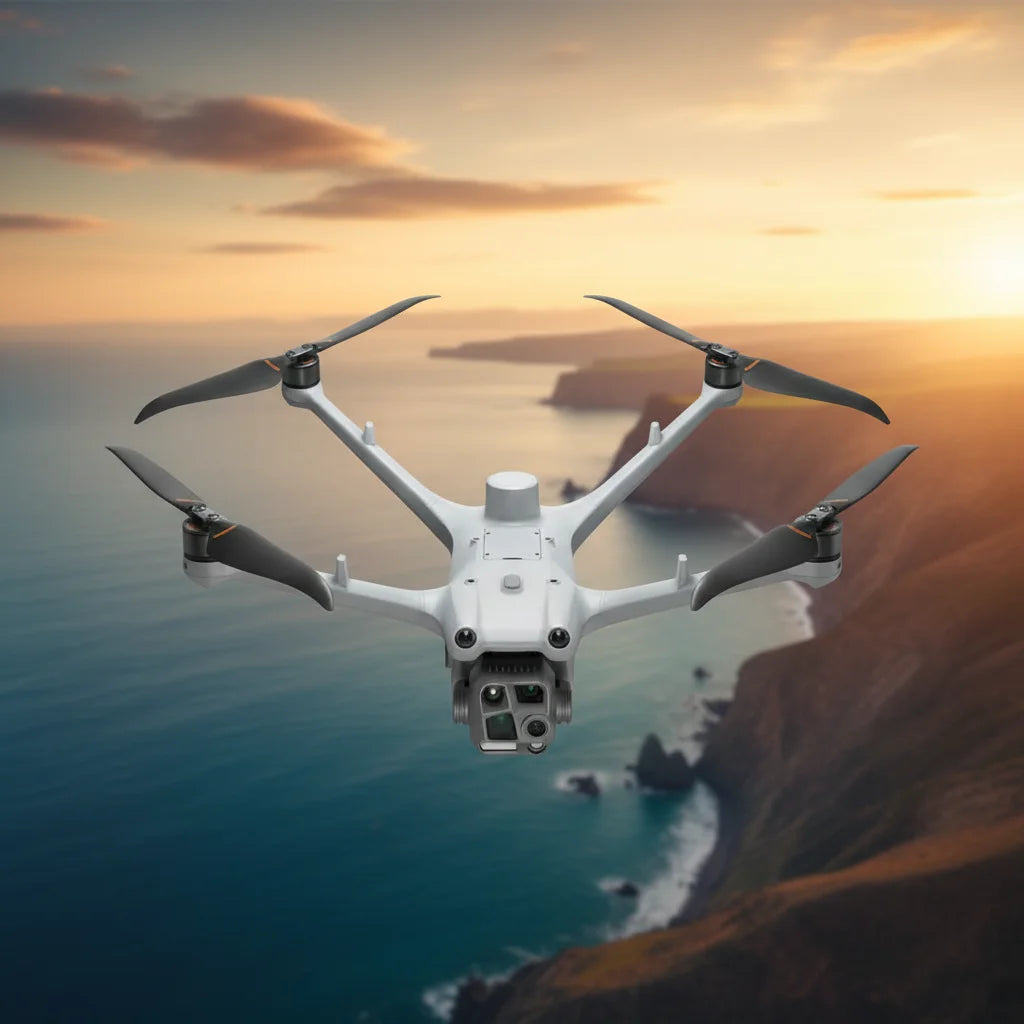 DJI Matrice 4TD flying above a coastline at sunset