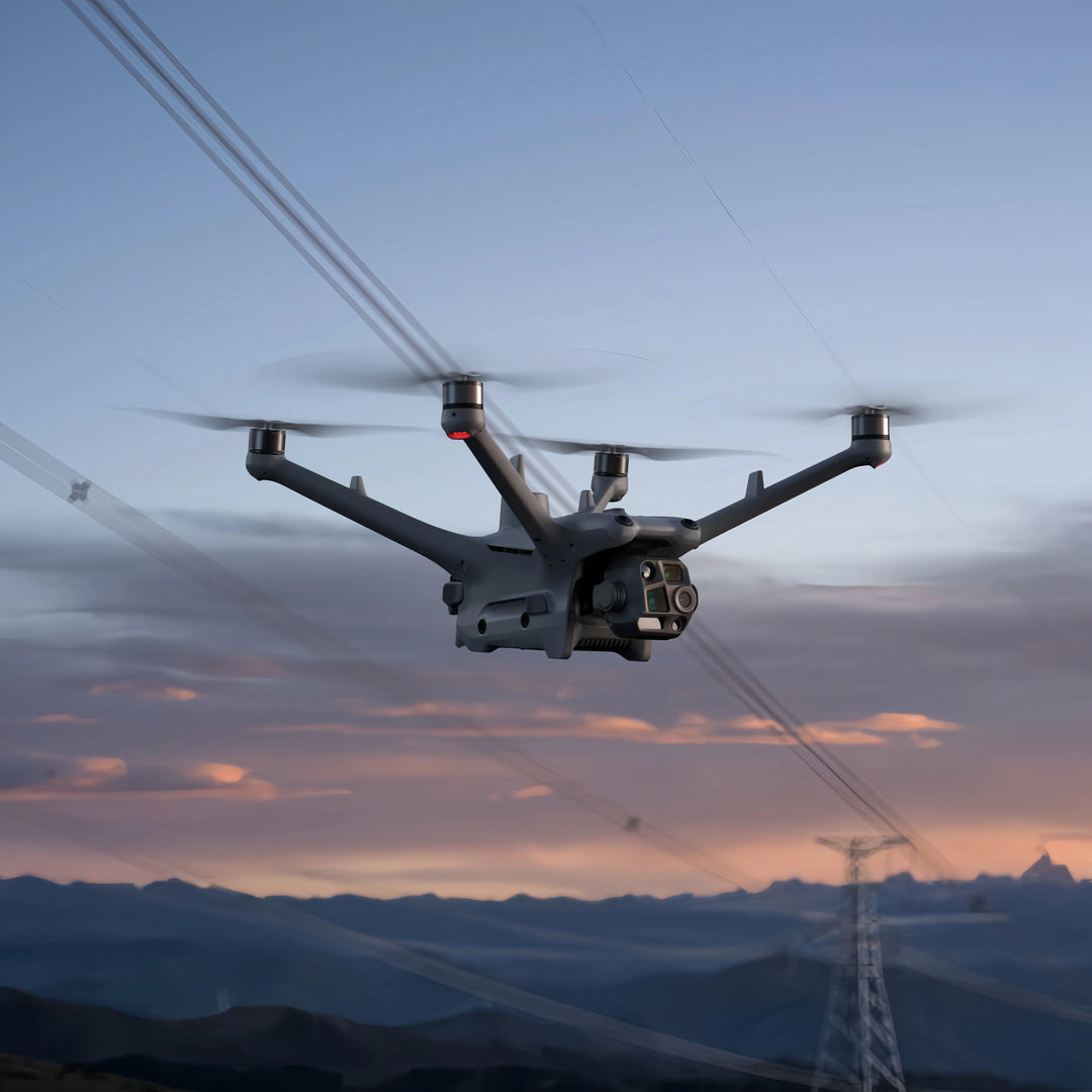 DJI Matrice 4D-series drone flying near power lines at dusk