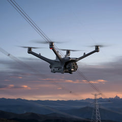 DJI Matrice 4D-series drone flying near power lines at dusk