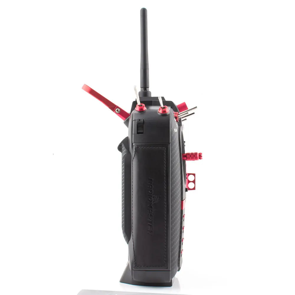Red RadioMaster TX16S MKII MAX transmitter, side view