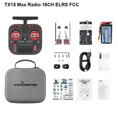 Red-accented RadioMaster TX15 MAX ELRS FCC kit with case, cable and accessories, plus battery