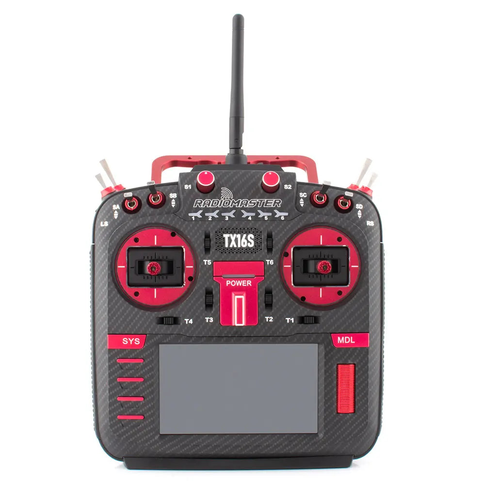Red RadioMaster TX16S MKII MAX transmitter, front view