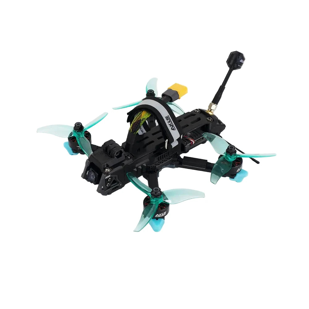 Axisflying MANTA 3.6 Lite, front three-quarter view with battery strap and rear antenna