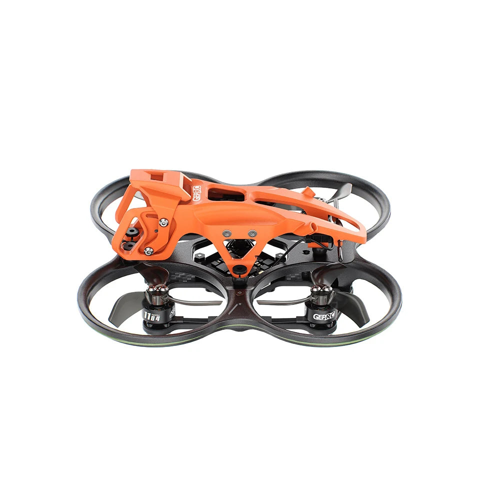 GEPRC DarkStar22, side view showing orange camera cage and guarded propellers