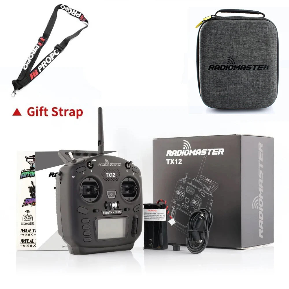 RadioMaster TX12 MKII package with neck strap and zippered carrying case