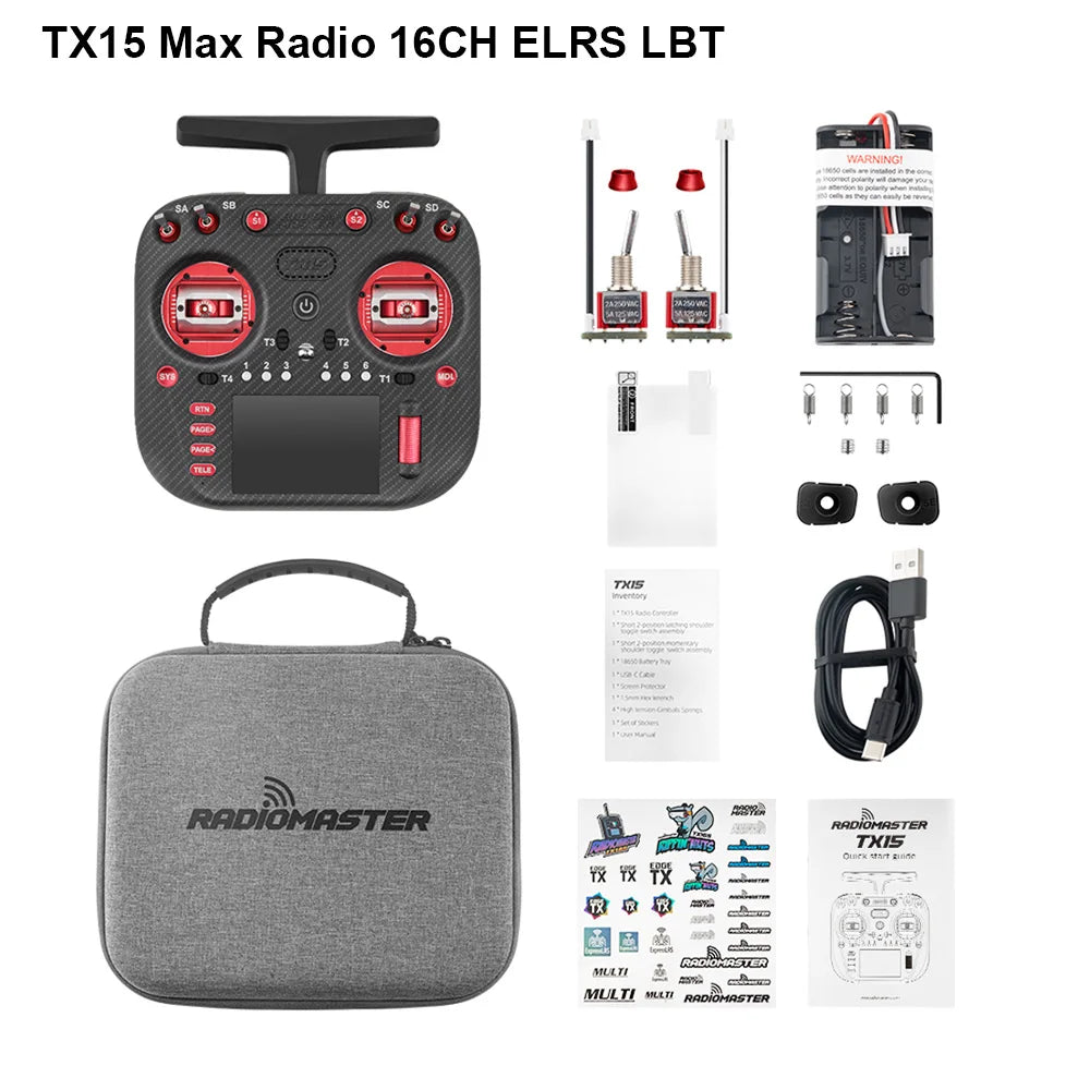 Red-accented RadioMaster TX15 MAX ELRS LBT kit with case, cable and accessories