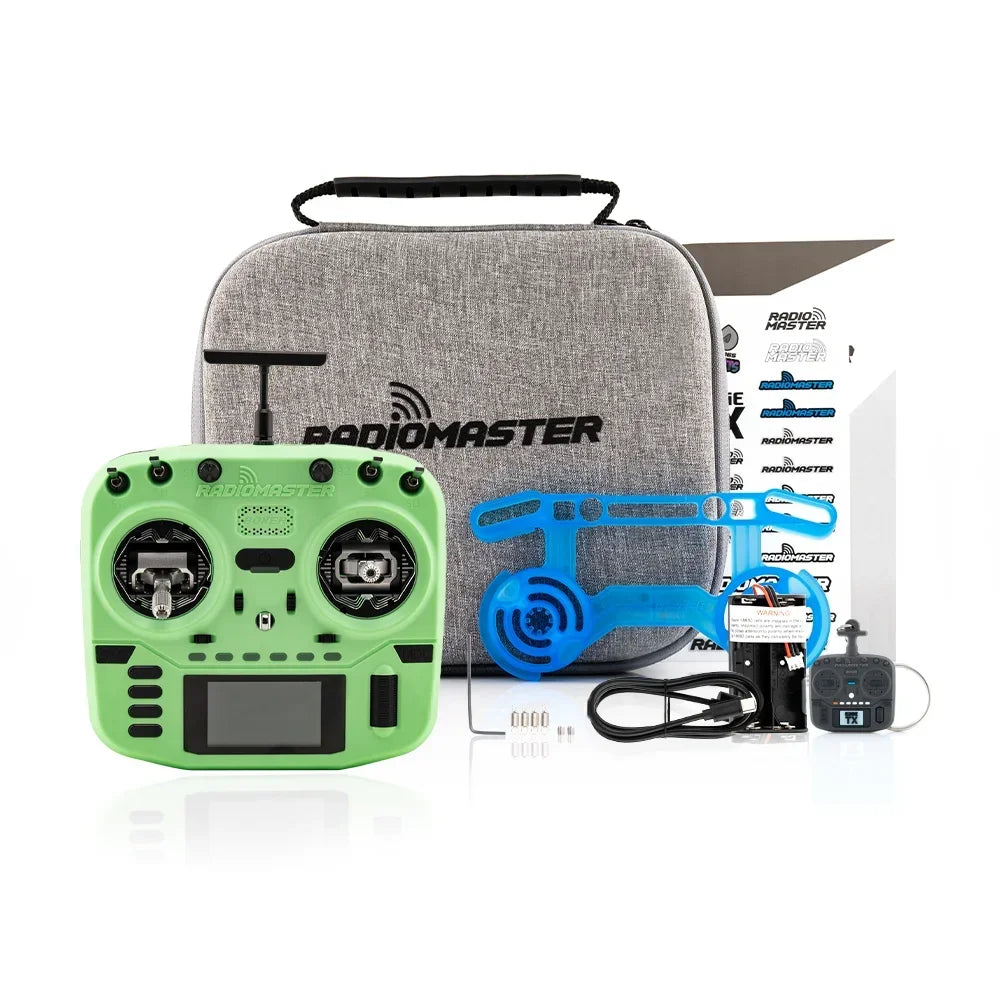 Green RadioMaster Boxer Crush with carrying case, strap, cable and accessories