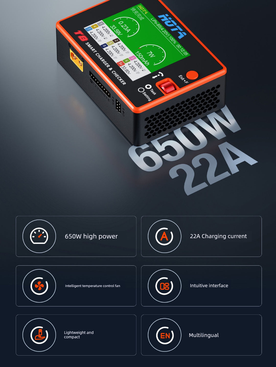 HOTA T8 Smart Balance Charger — 8S LiPo/LiHV/LiFe, 650W, 22A, Magnetic Port, Bilingual Display