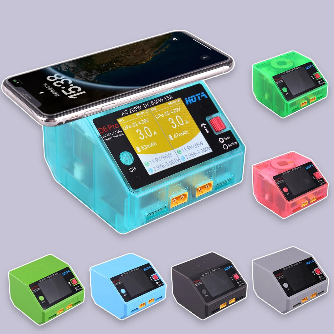 HOTA D6 Pro Dual-Channel Smart Charger — AC 200W / DC 650W, 15A×2, 1–6S LiPo/LiHV/LiFe, App Control, Wireless Charging