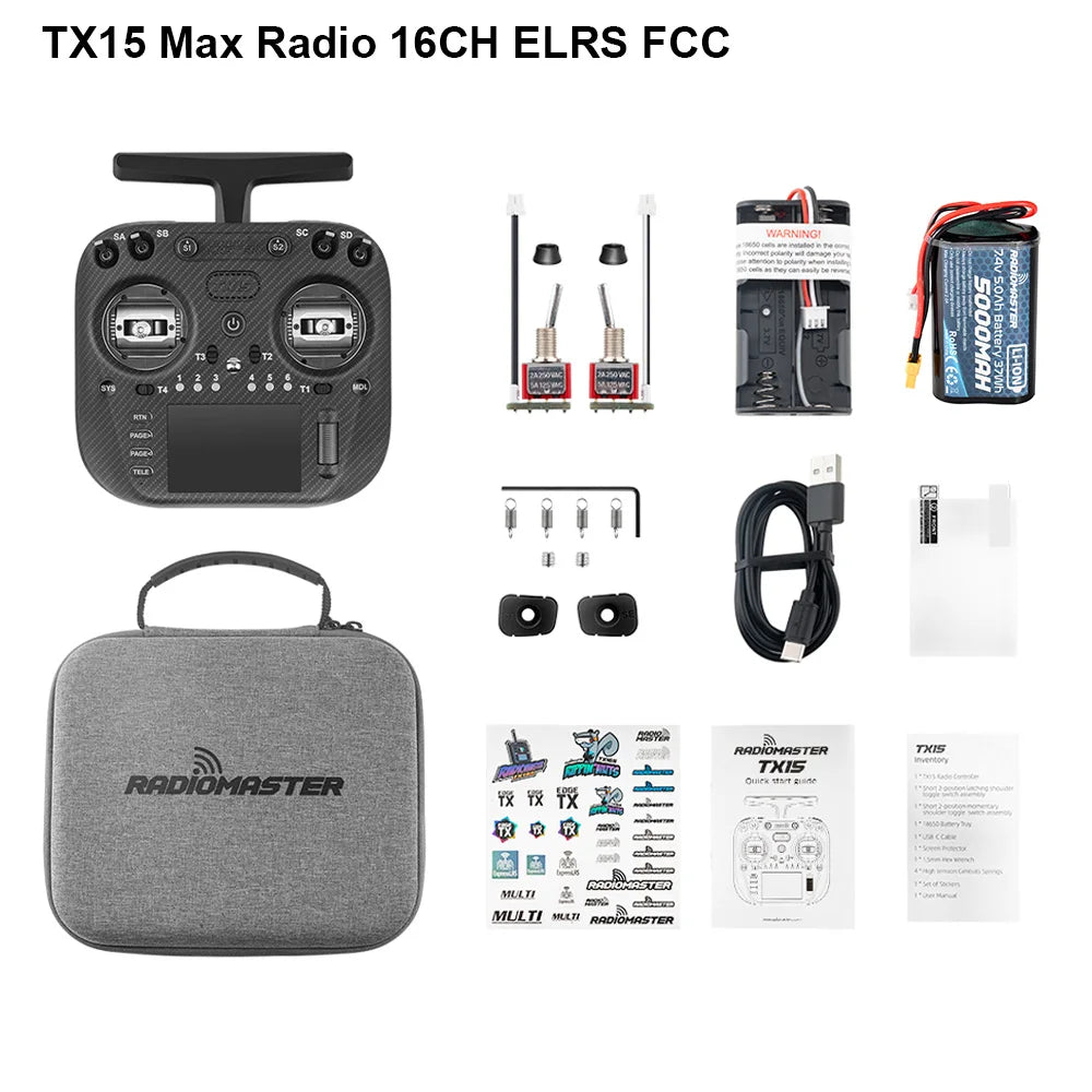 Silver-accented RadioMaster TX15 MAX ELRS FCC kit with case, cable and accessories, plus battery