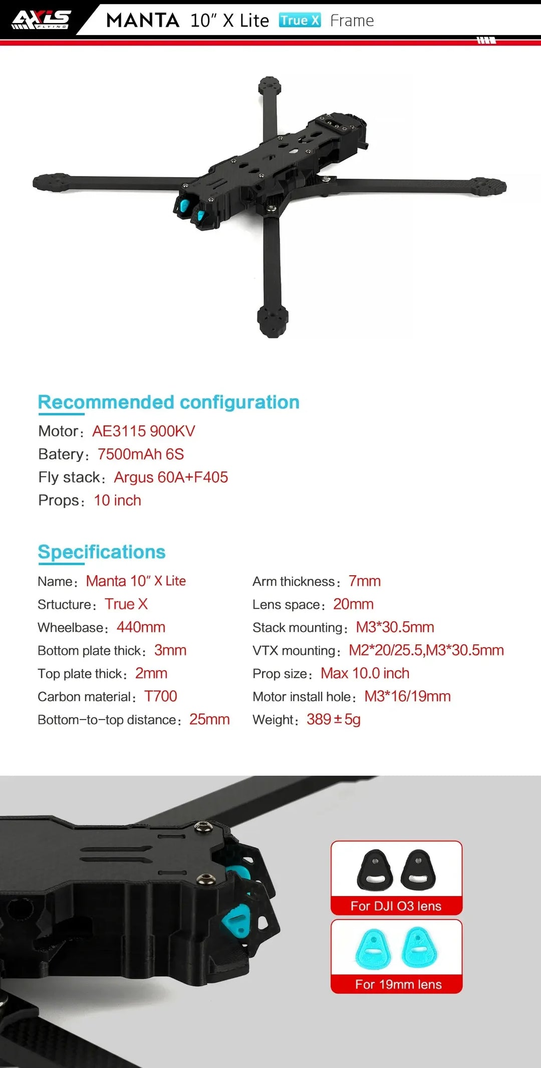 Axisflying MANTA10" Lite 10inch FPV Freestyle Drone Ture X Frame Kit 402mm Wheelbase T700 Carbon Compatible 10inch Propeller
