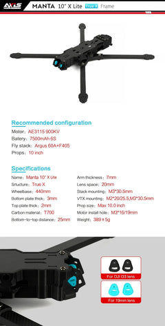Axisflying MANTA10" Lite 10inch FPV Freestyle Drone Ture X Frame Kit 402mm Wheelbase T700 Carbon Compatible 10inch Propeller