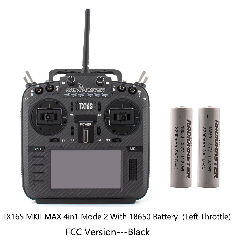 Black RadioMaster TX16S MKII MAX 4in1 Mode 2 FCC transmitter with two 18650 batteries, front view