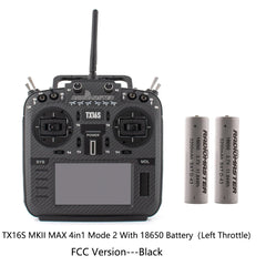 Black RadioMaster TX16S MKII MAX 4in1 Mode 2 FCC transmitter with two 18650 batteries, front view