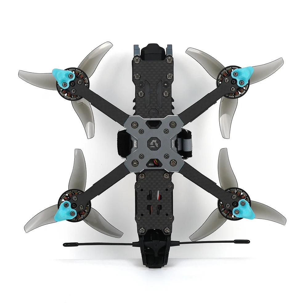 Axisflying MANTA 3.6 Lite, underside view showing carbon plate and turquoise motor guards