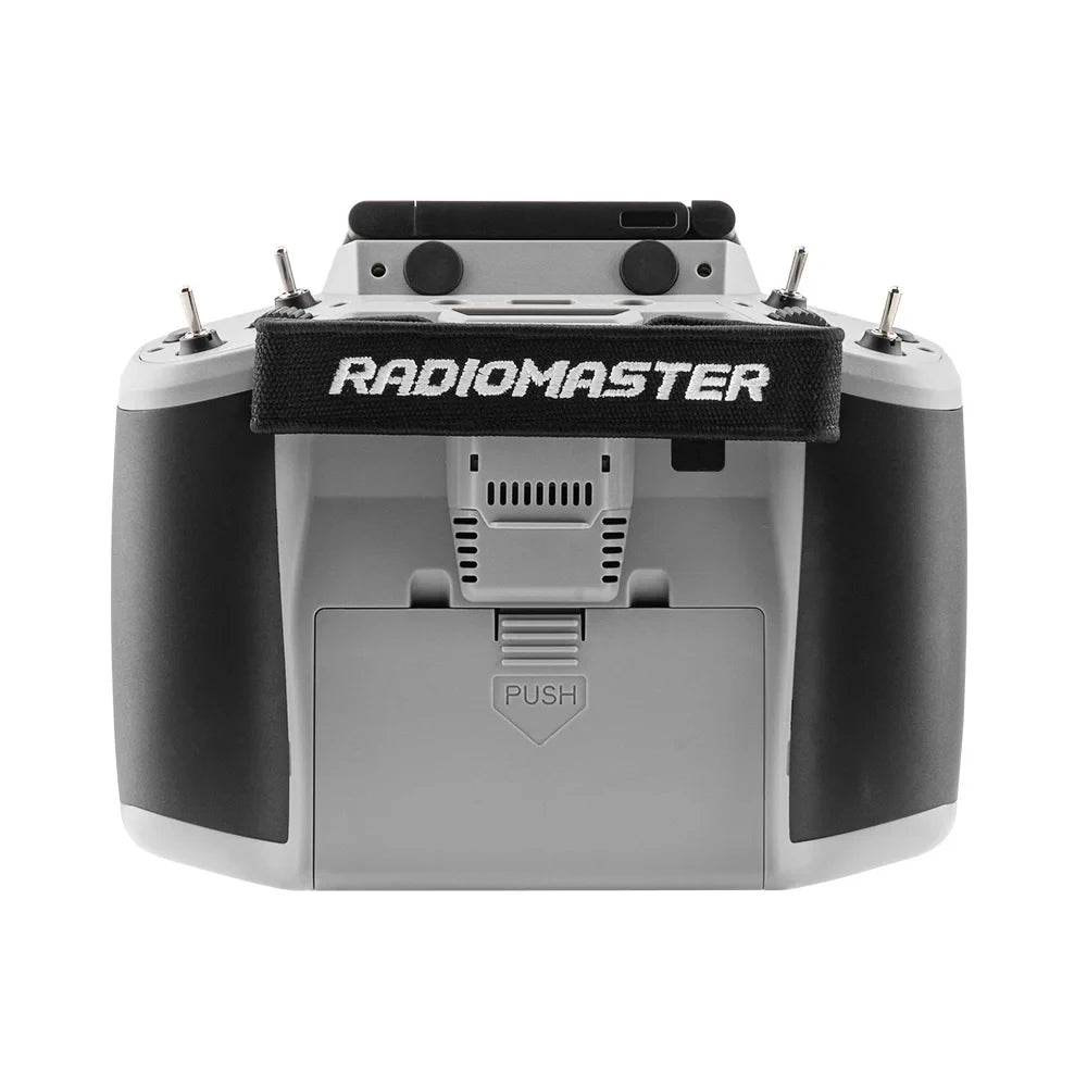 Rear of gray RadioMaster GX12 Crush with hand strap and battery cover