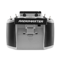 Rear of gray RadioMaster GX12 Crush with hand strap and battery cover