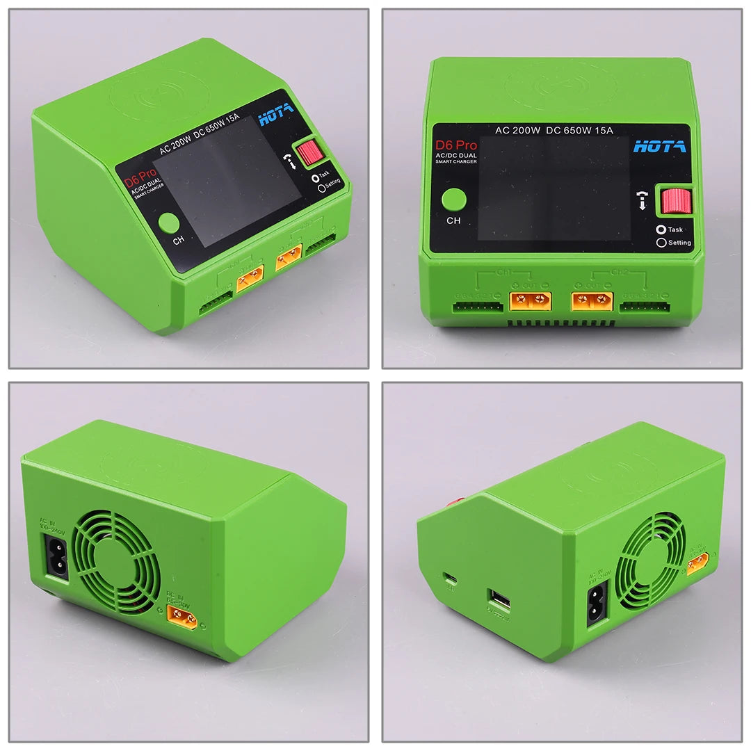 HOTA D6 Pro Dual-Channel Smart Charger — AC 200W / DC 650W, 15A×2, 1–6S LiPo/LiHV/LiFe, App Control, Wireless Charging