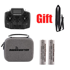 RadioMaster GX12 with case, neck strap and two RadioMaster 18650 batteries