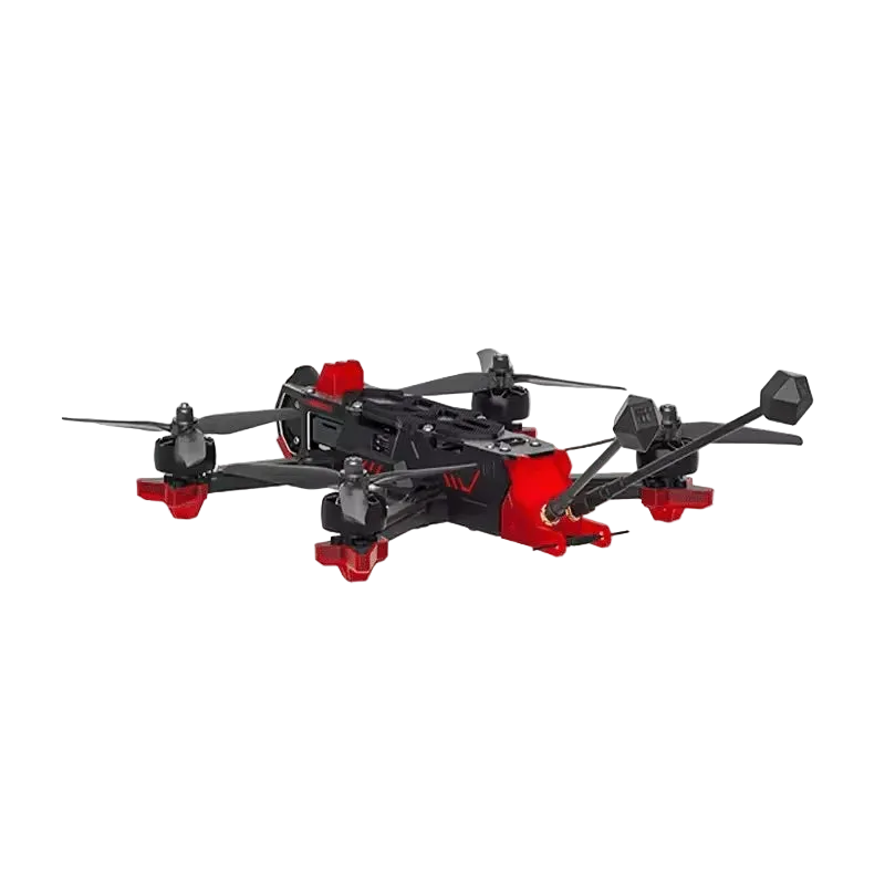 iFlight CineFlow 5, front three-quarter view with red motor guards and twin antennas