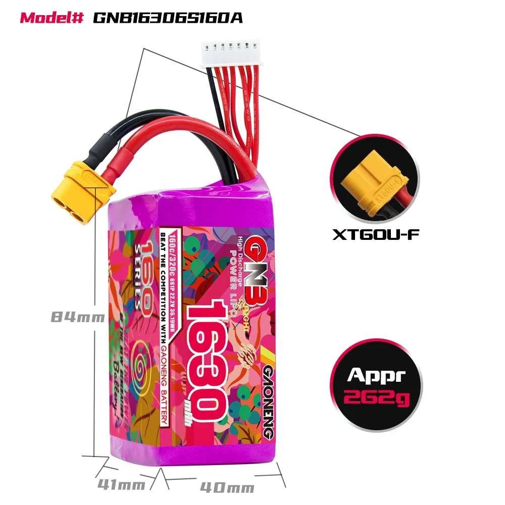 Gaoneng GNB 160C LiPo Battery XT60 — 4S & 6S, 1050-1730mAh for 3-6" FPV Drones