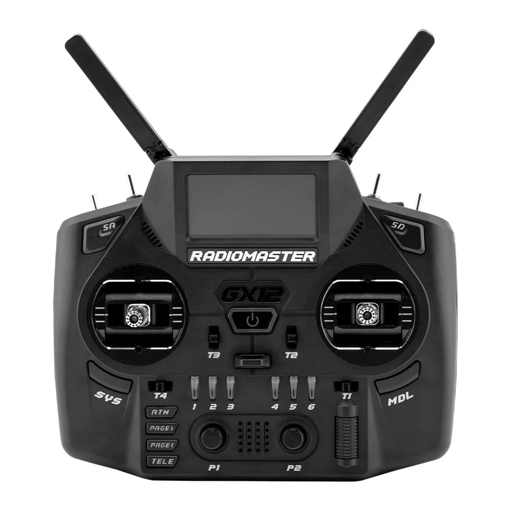 Black RadioMaster GX12, front view with dual antennas extended
