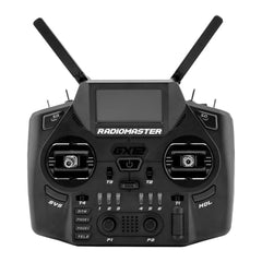 Black RadioMaster GX12, front view with dual antennas extended