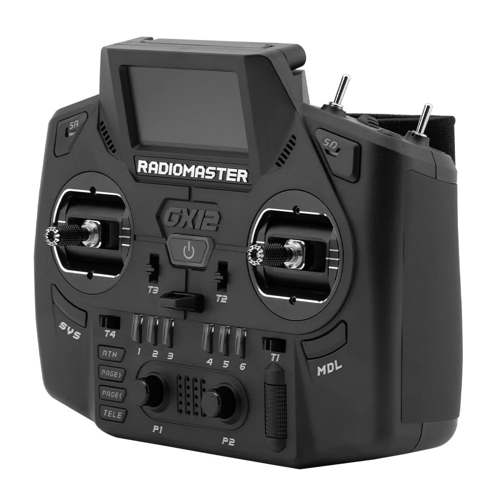 Black RadioMaster GX12, upright angled view showing side grip