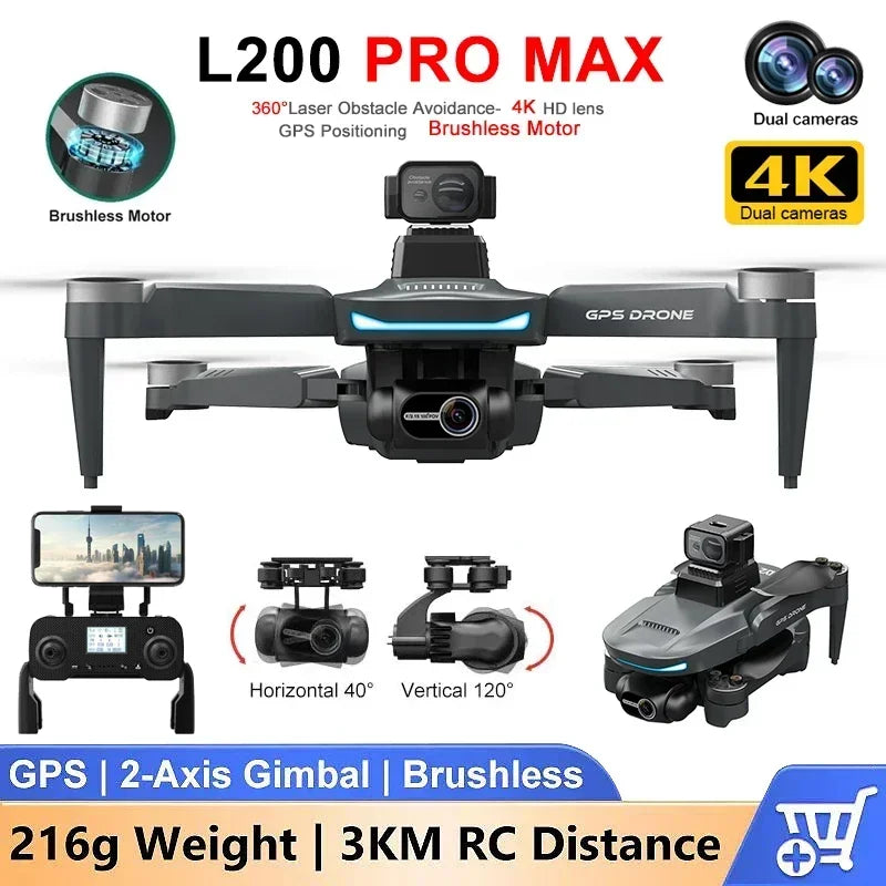 L200 PRO MAX Drone: 4K HD Camera, 2-Axis Gimbal, 360° Obstacle Avoidance, GPS, 5G Wi-Fi, Brushless Motor, 25-Min Flight Time, FPV Quadcopter - Thedroneflight