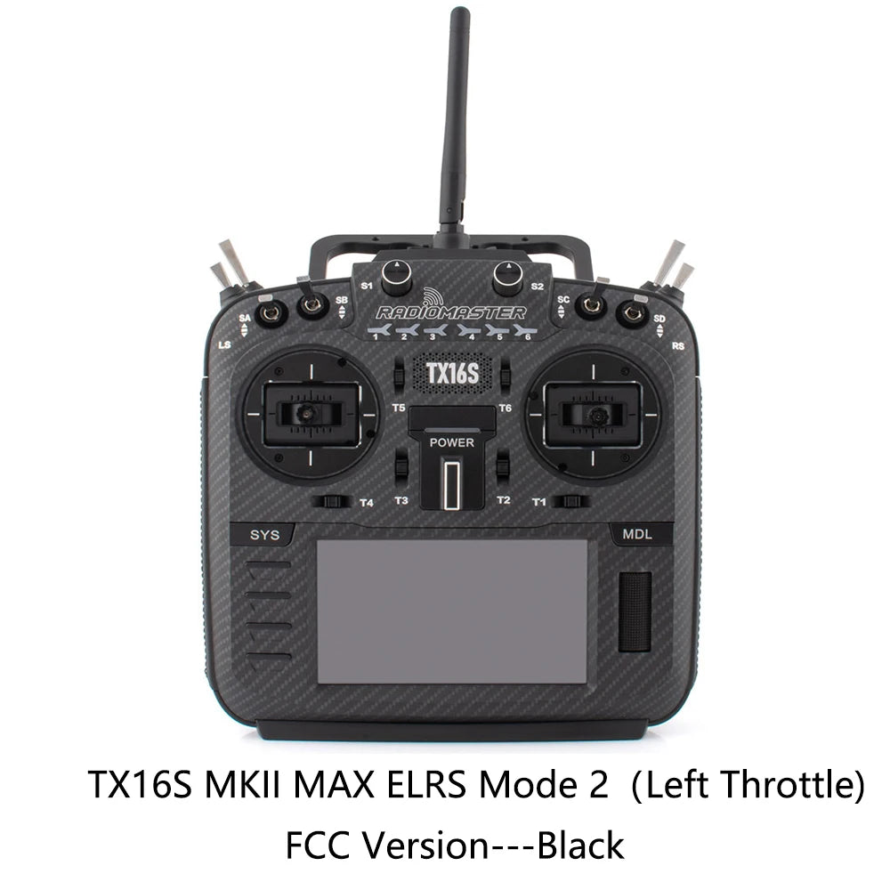 Black RadioMaster TX16S MKII MAX ELRS Mode 2 FCC transmitter, front view