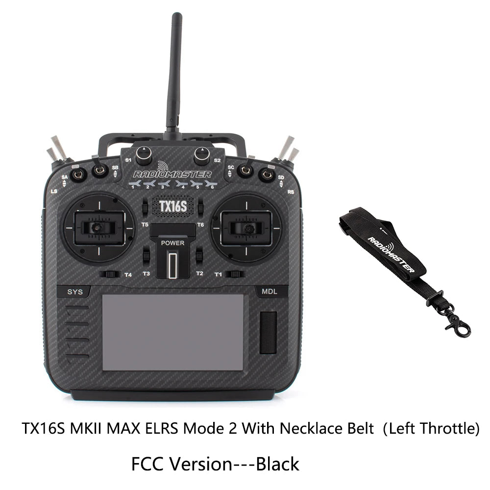 Black RadioMaster TX16S MKII MAX ELRS Mode 2 FCC transmitter with neck strap, front view