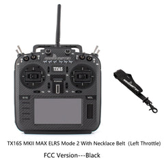 Black RadioMaster TX16S MKII MAX ELRS Mode 2 FCC transmitter with neck strap, front view