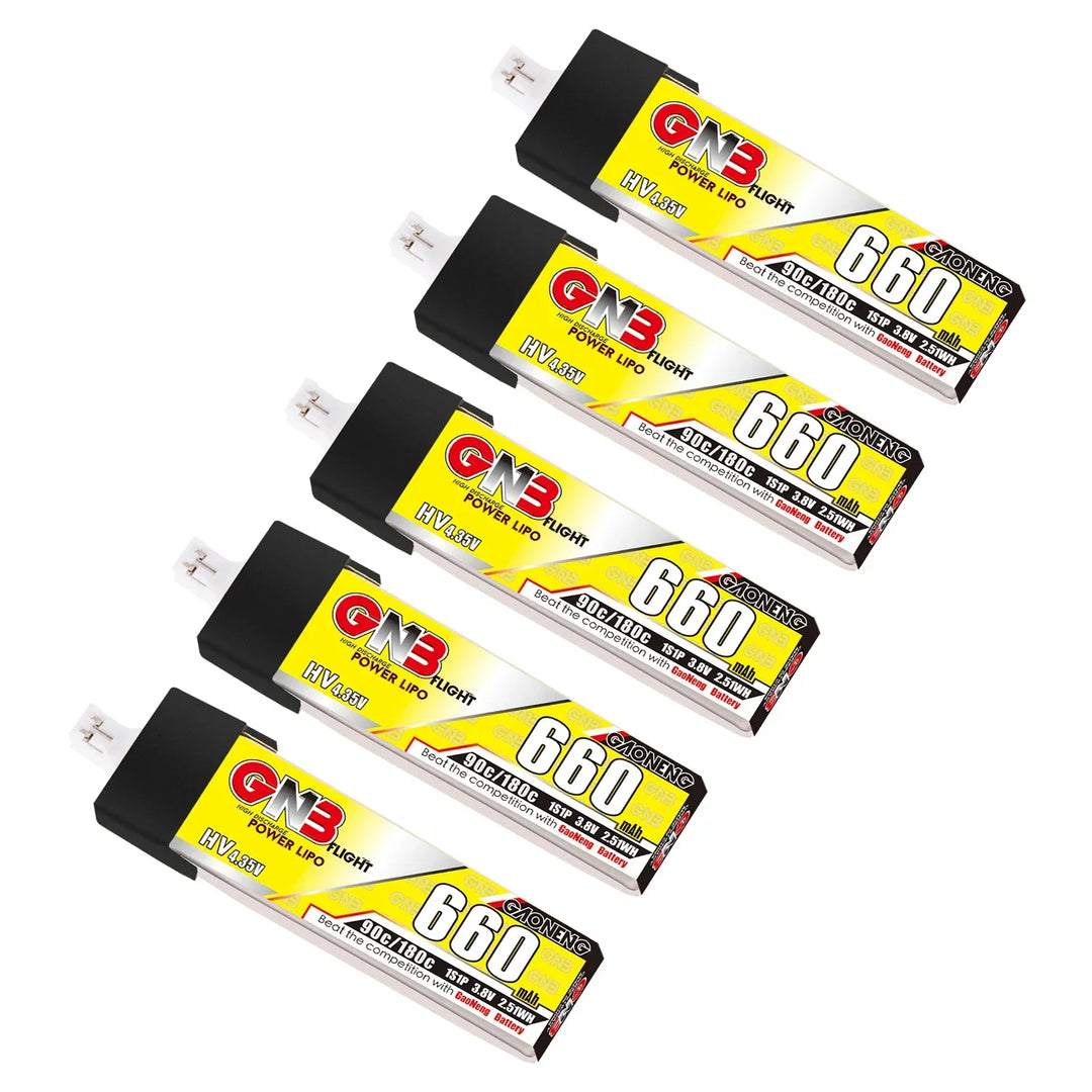 Gaoneng GNB 660mAh 1S HV LiPo Battery 90C PH2.0 — 5-Pack for Tiny Whoop FPV
