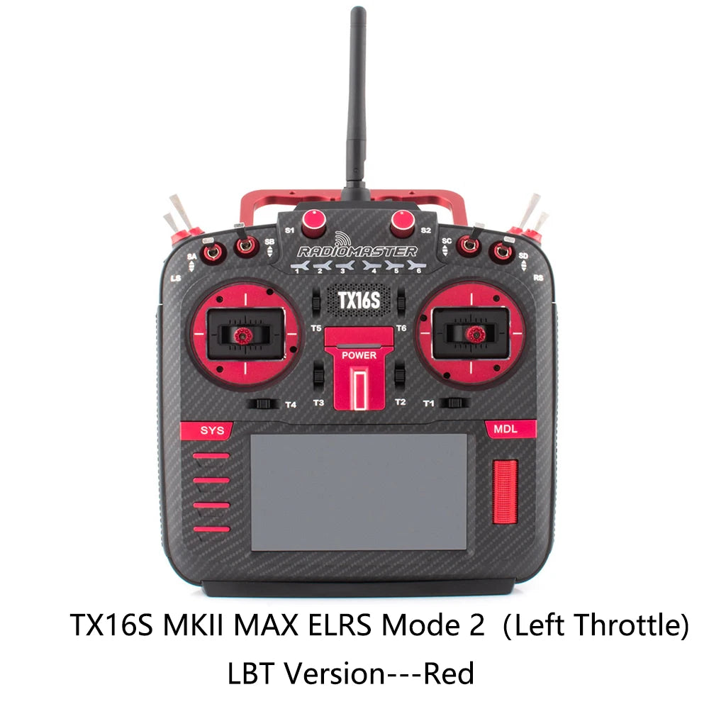 Red RadioMaster TX16S MKII MAX ELRS Mode 2 LBT transmitter, front view