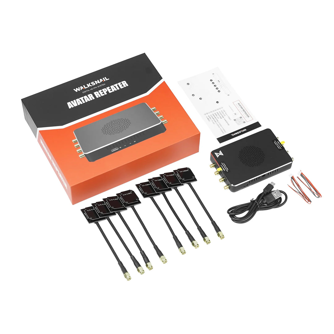 Walksnail Avatar Repeater package with box, antennas, cables and printed guide