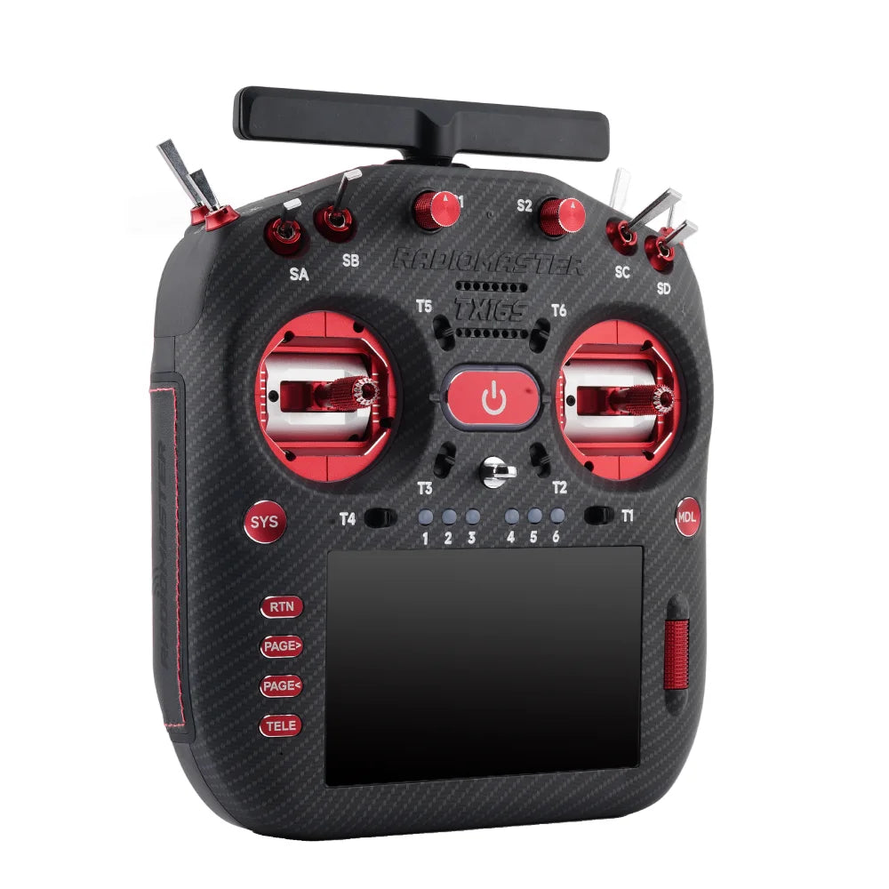 Red-accented RadioMaster TX16S MK3 MAX transmitter, angled front view