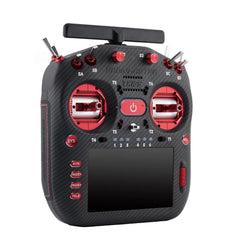Red-accented RadioMaster TX16S MK3 MAX transmitter, angled front view