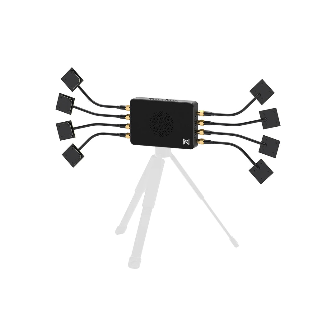 Walksnail Avatar Repeater mounted on tripod with eight flat antennas spread outward