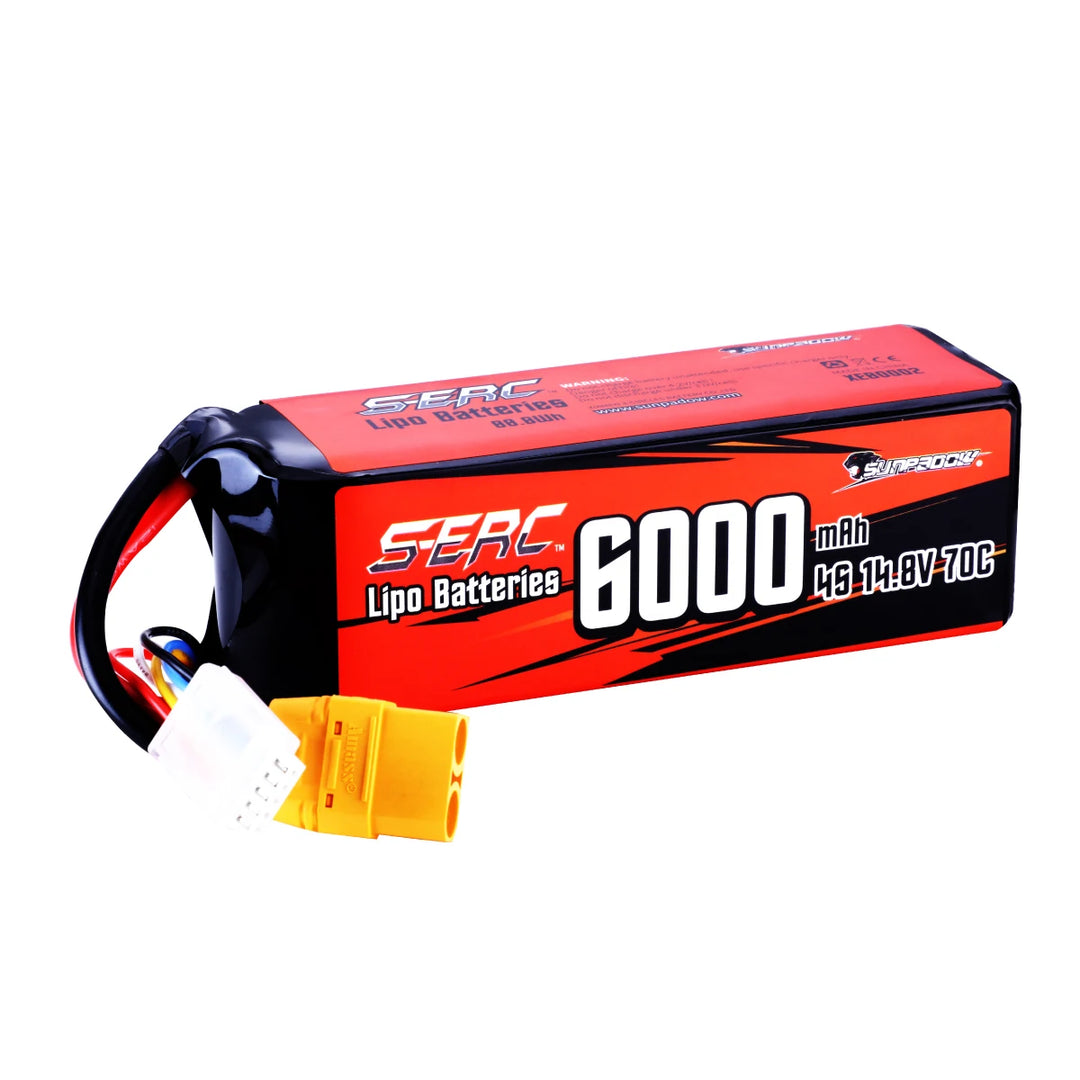 SUNPADOW 4S Rechargeable Lipo Battery 14.8V 6000mAh 70C Soft Pack with XT90 for RC Buggy Truggy Vehicles Car Boat TrucK Tank