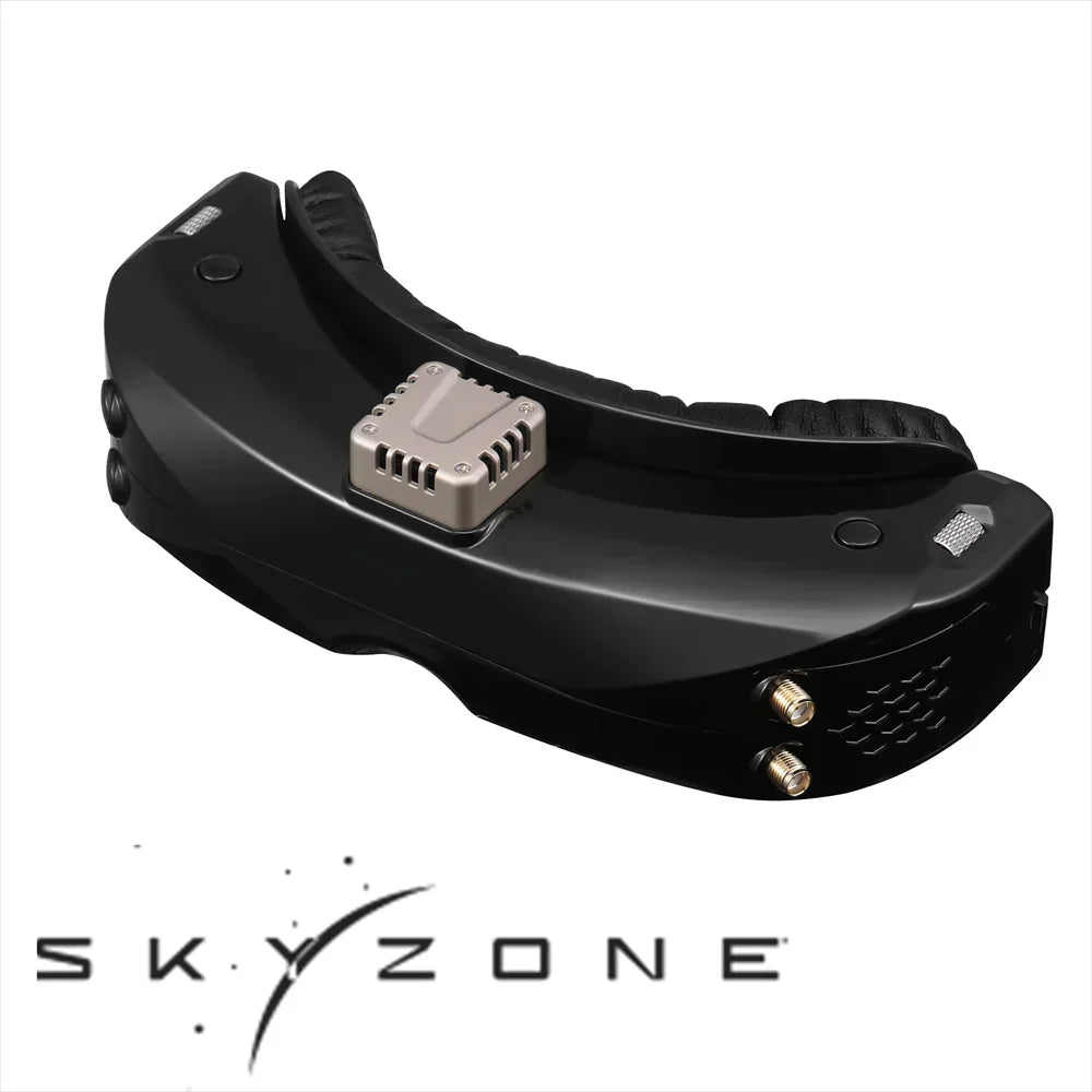 Black SKYZONE SKY04O PRO goggles, exterior view showing cooling module and antenna connectors